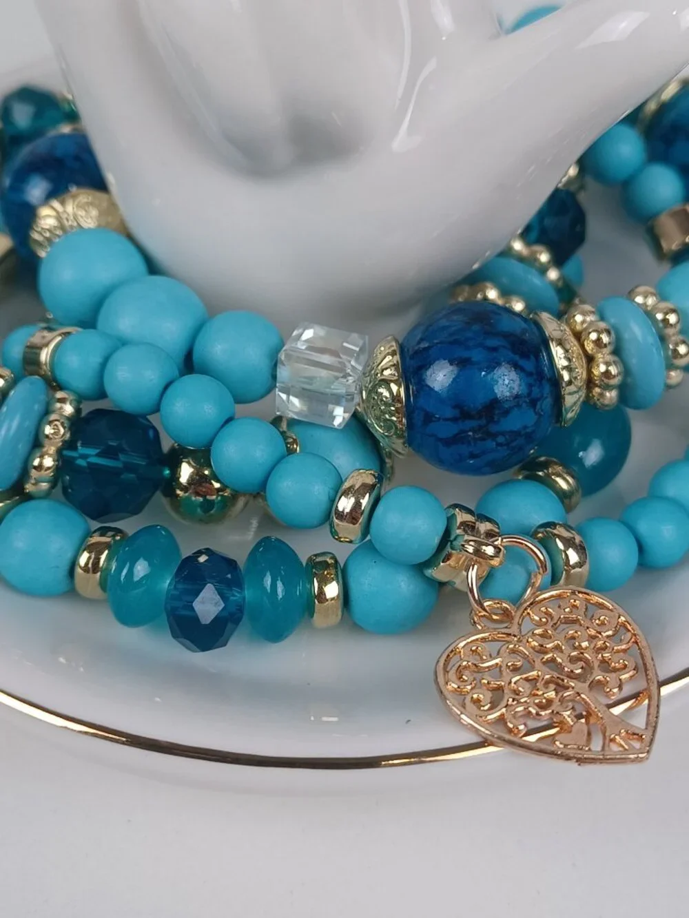 4-Piece Bohemian Beaded Bracelet Set - Blue Heart & Tree Pendants